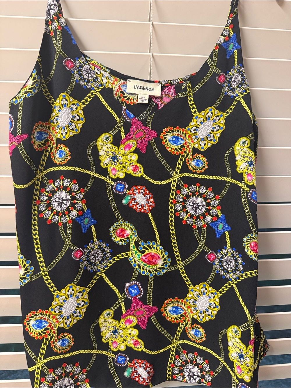 L'AGENCE Black Gem-Chain Print Silk Camisole
